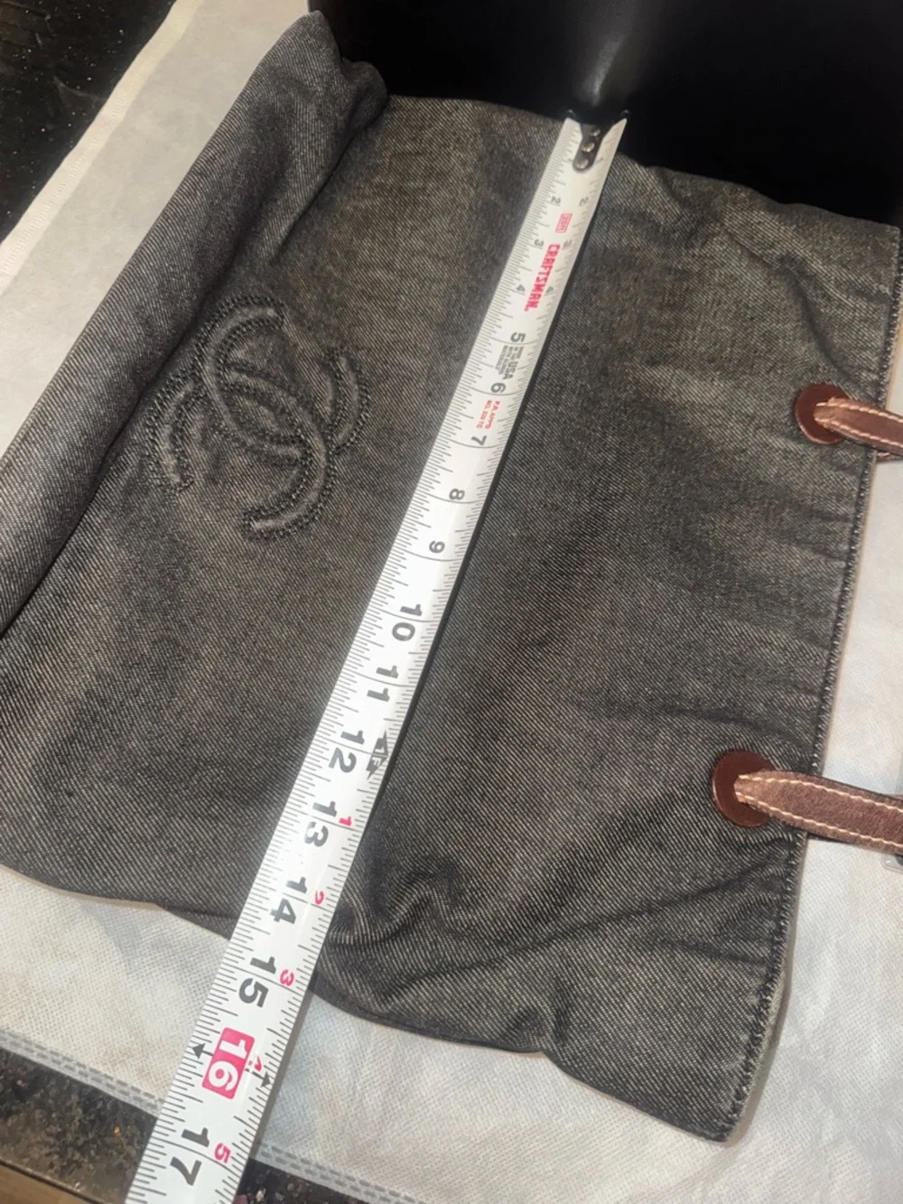 CHANEL Dark Gray Denim Tote with Brown Leather Straps - Picture 16 of 16